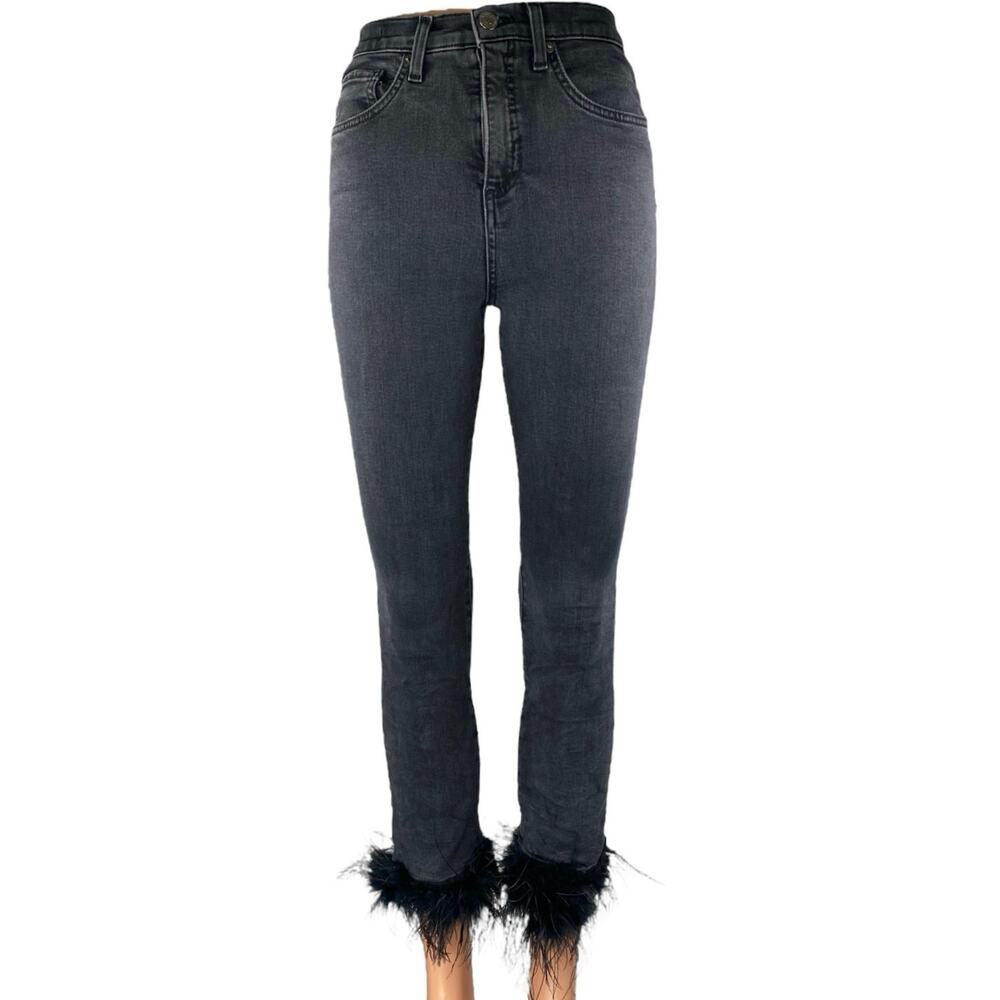 Veronica Beard Kareena Black Feather Trim High Rise Skinny Denim Jeans Pants 25